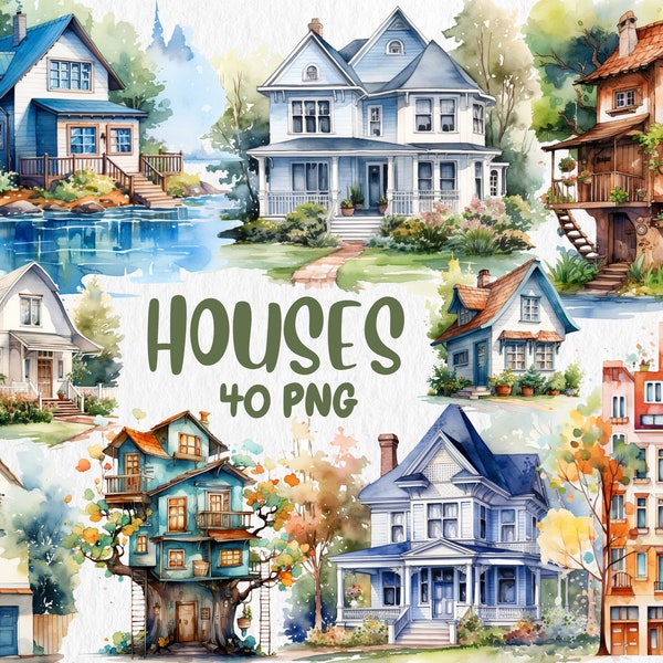 Watercolor House Clipart | Cozy, Spacious, Quaint, Modern House Illustrations | 40 Separate PNG Image | Instant Download for Commercial Use