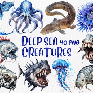 Aquarel aquarel diepzee wezens clipart | Oceaandieren, kloddervis, nautische illustraties | Directe download voor commercieel gebruik