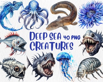 Watercolor Deep Sea Creatures Clipart: Nautical Animals (Instant Download)