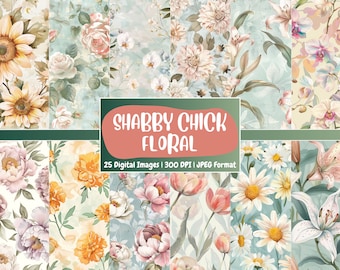 Shabby Chic Floral Digital Paper: Seamless Vintage Patterns (Commercial Use)