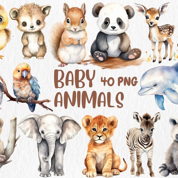 Watercolor Baby Animals Clipart | Cute Adorable Elephant, Panda, Lion, Penguin, Dolphin Illustrations | Instant Download for Commercial Use