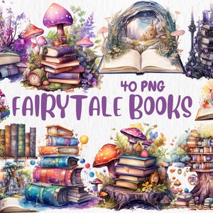 Clipart de livros de contos de fadas em aquarela | Clipart de livros mágicos de contos de fadas pintados | 40 imagens PNG separadas | Download instantâneo para uso comercial