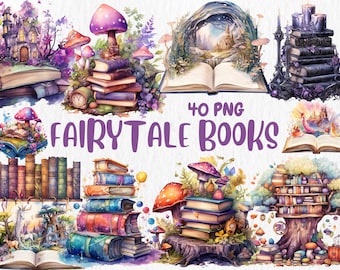 Watercolor Fairytale Books Clipart: 40 PNG Images (Digital Download)