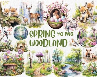 Watercolor Spring Woodland Clipart: Forest Animals, Nursery Decor (Instant Download)