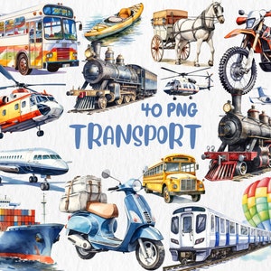 Watercolor Transportation Clipart | Train, Truck, Bus, Motorcycle, Helicopter, Airplane Illustration | Instant Download for Commercial Use