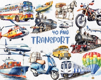 Watercolor Transportation Clipart: 40 PNG Illustrations (Commercial Use)