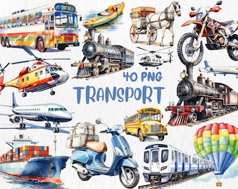 Watercolor Transportation Clipart | Train, Truck, Bus, Motorcycle, Helicopter, Airplane Illustration | Instant Download for Commercial Use