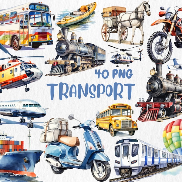 Aquarelle Transport Clipart | Train, camion, bus, moto, hélicoptère, avion Illustration | Téléchargement instantané pour un usage commercial