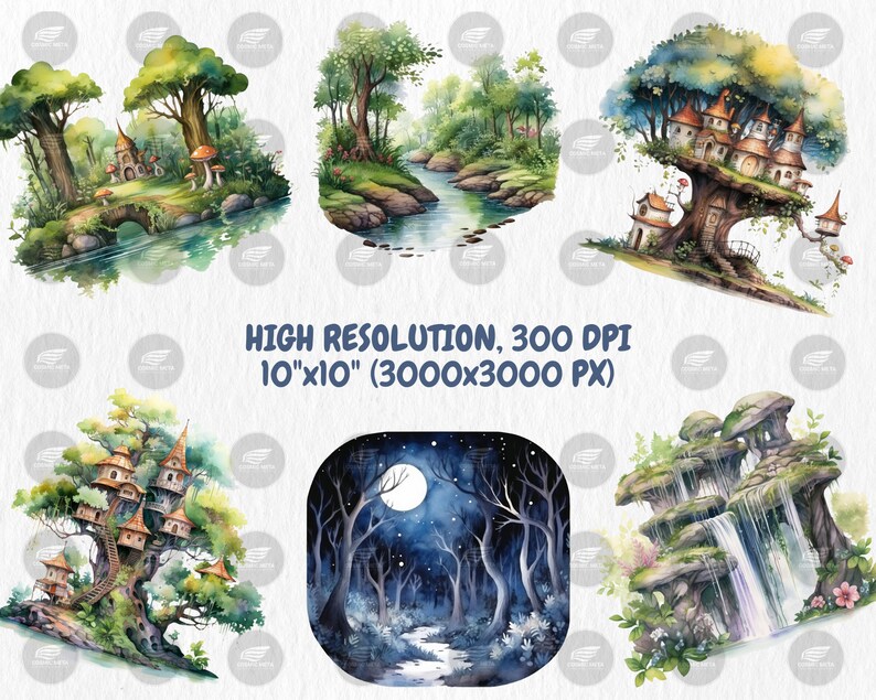 Watercolor Enchanted Forests Clipart | Fairy Garden and Tree, Magical Fantasy Woodland Illustrations | Instant Download for Commercial Use