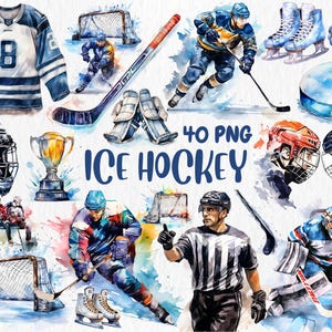 Clipart hockey sur glace aquarelle | joueur et équipe de hockey, sports d'hiver, bâton, rondelle, illustrations de gardien de but | Téléchargement instantané pour une utilisation commerciale