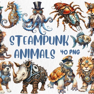 Clipart de animais Steampunk em aquarela, coruja, elefante, raposa, ilustração de polvo, 40 imagens PNG separadas | Download instantâneo para uso comercial