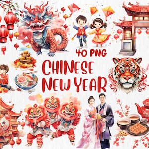 Clipart Nouvel an chinois à l'aquarelle | Célébration festive, signes d'animaux, illustrations de dragons chinois | Téléchargement instantané pour une utilisation commerciale