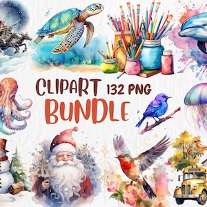 Méga lot de cliparts aquarelle | 132 images PNG | Animaux, Noël, créatures marines, écoles, oiseaux | Téléchargement instantané pour une utilisation commerciale