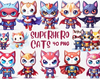 Aquarell Superhelden Katzen Clipart | 40 Kätzchen PNG Illustrationen (Instant Download)