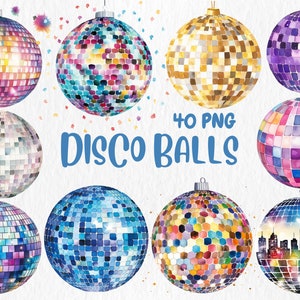 Clipart de bolas de discoteca em aquarela | Ilustrações de bolas de discoteca retrô, vermelhas, azuis, douradas e prateadas, decoração de festa | Download instantâneo para uso comercial