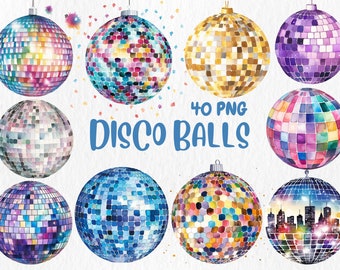Watercolor Disco Ball Clipart: Retro Party Illustrations (Instant Download)