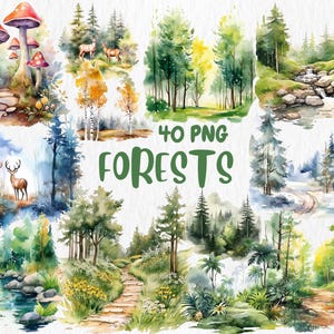 Watercolor Forests Clipart | Enchanting Woodland Scenes, Trees, Mountains, Bamboo, Nature Elements, Perfect for Invitations, Crafts & Decor