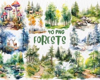 Clipart forêt aquarelle : arbres de la forêt, montagnes, scènes de la nature (téléchargement numérique PNG)