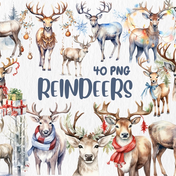 Watercolor Reindeer Clipart | Painted Reindeer, Winter Clipart, Christmas Illustrations | PNG Graphics | Instant Download for Commercial Use