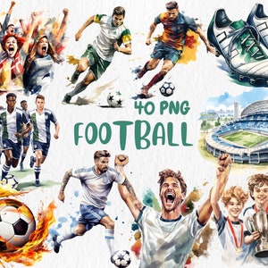 Clipart de futebol em aquarela | Futebol, fãs, uniforme, jogador, bola, ilustrações de equipamentos esportivos | Download instantâneo para uso comercial