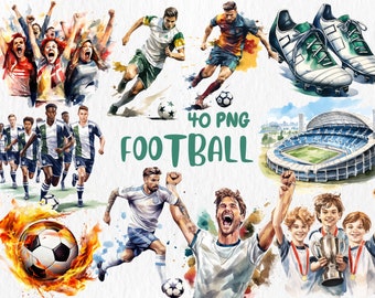 May include: A watercolor illustration of a football stadium, players, fans, and a soccer ball. The illustration is in a vibrant style with splashes of color. The text "40 PNG FOOTBALL" is in green letters.