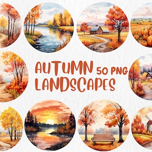 Clipart de paisagens de outono em aquarela | Cenas aconchegantes de outono, pôr do sol, folhas, ilustrações de campo | Download instantâneo para uso comercial