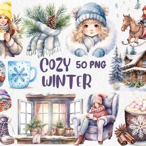 Clipart hiver douillet à l'aquarelle | Illustrations de cheminée, pomme de pin, couverture, biscuit festif, foulard | Téléchargement instantané pour une utilisation commerciale