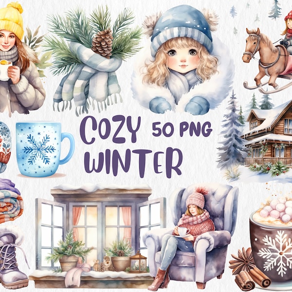 Watercolor Cozy Winter Clipart | Fireplace, Pine Cone, Blanket, Festive Cookie, Scarf Illustrations | Instant Download for Commercial Use