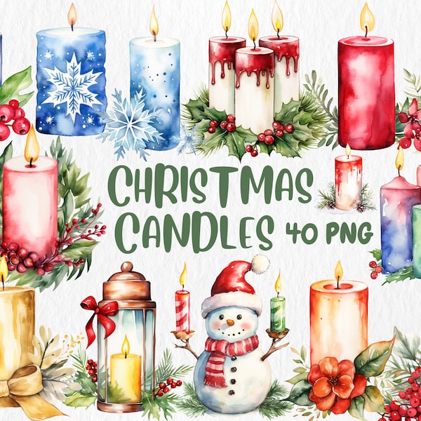 Watercolor Christmas Candles Clipart | Festive Candle, Holiday Decoration, Xmas Decor Illustrations | Instant Download for Commercial Use