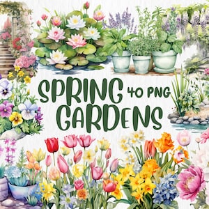 Watercolor Spring Gardens Clipart, Spring Garden Illustrations, Painted Garden Clipart, 40 PNG Graphics, Instant Download for Commercial Use