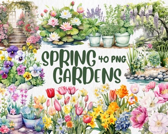 Watercolor Spring Garden Clipart: 40 PNG Illustrations (Digital Download)