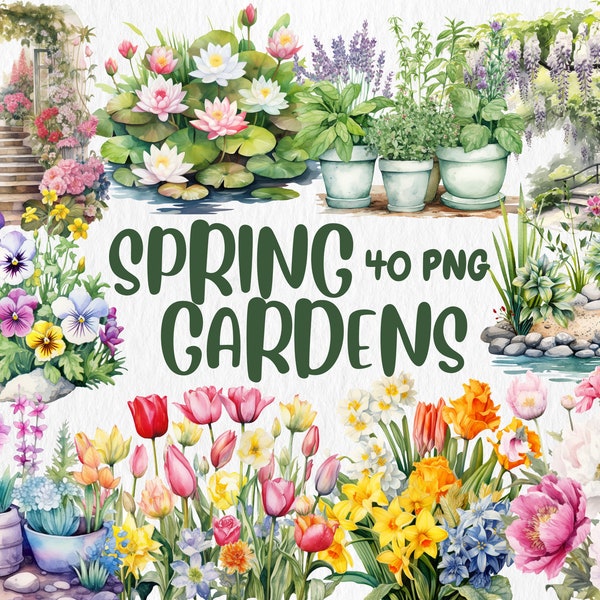 Akwarela wiosenne ogrody clipart, ilustracje wiosennego ogrodu, malowane ogrody clipart, 40 grafik PNG, natychmiastowe pobieranie do użytku komercyjnego
