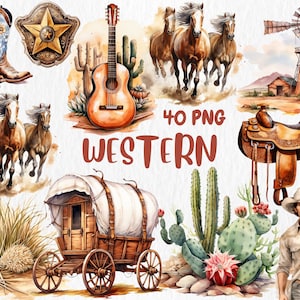 Clipart western aquarelle | Far West, bottes et chapeaux de cowboy, cactus, illustration de wagon couvert | Téléchargement instantané pour une utilisation commerciale
