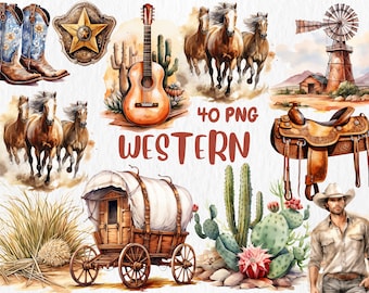 Watercolor Western Clipart: Cowboy Boots, Cactus, Wagon (Instant Download)