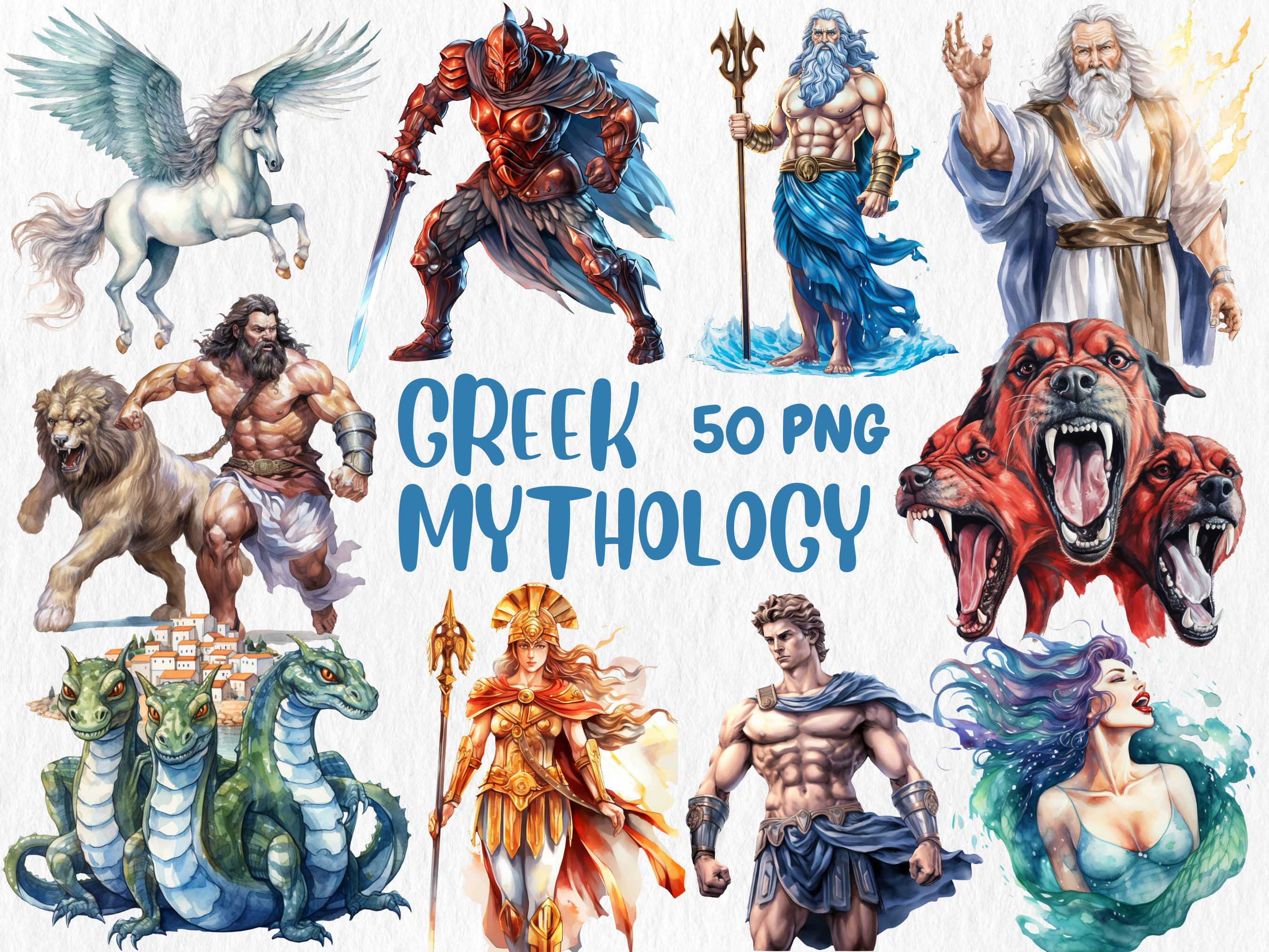 Watercolor Greek Mythology Clipart: Gods, Goddesses, Creatures (PNG ...