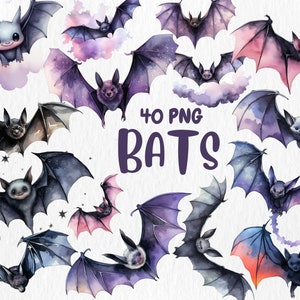 Clipart z akwarelowymi nietoperzami | Uroczy, straszny nietoperz, dekoracja i ilustracja na Halloween | 40 grafik PNG | Natychmiastowe pobranie do użytku komercyjnego