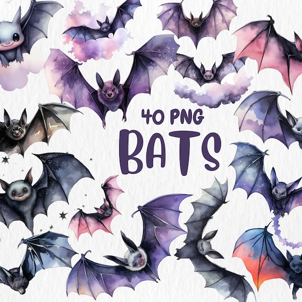 Watercolor Bats Clipart | Cute, Spooky Bat, Halloween Decor and Illustration | 40 PNG Graphics | Instant Download for Commercial Use