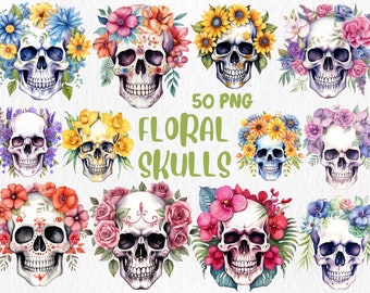 Watercolor Floral Skulls Clipart: Gothic Fantasy Illustrations (Instant Download)