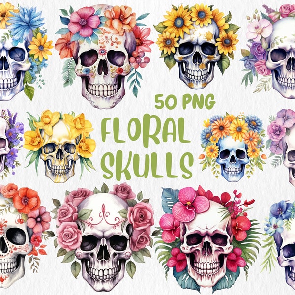 Watercolor Floral Skulls Clipart | Gothic Bone Skull, Skull with Flowers, Fantasy Illustrations | Instant Download for Commercial Use