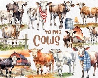 Watercolor Cows Clipart: Farmhouse Illustrations (Instant Download)
