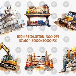 Watercolor Construction Clipart | Worker, Hard Hat, Dump Truck, Cement Mixer, Bulldozer Illustrations | Instant Download for Commercial Use