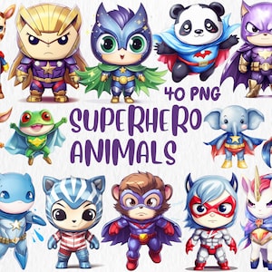 Aquarel superheld dieren clipart | Vliegende panda, leeuw, vleermuis, kinderkamerdecoratie, uil, vosillustraties | Directe download voor commercieel gebruik
