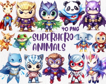 Aquarel superheld dieren clipart: kinderkamer kunst (direct downloaden)