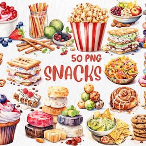 Clipart de bocadillos de acuarela / Ilustraciones de papas fritas, palomitas de maíz, bocadillos, dulces lindos y sabrosos / Descarga instantánea para uso comercial