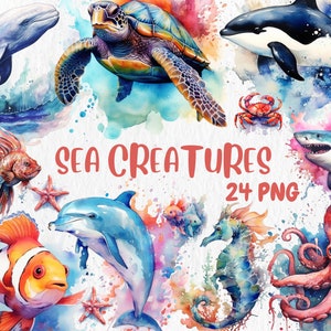 Clipart de criaturas marinhas em aquarela | Ilustrações de pinguins, golfinhos, caranguejos, águas-vivas e animais do oceano | Download instantâneo para uso comercial