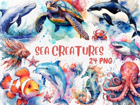 水彩画の海の生き物のクリップアート：海の動物のイラスト（即時