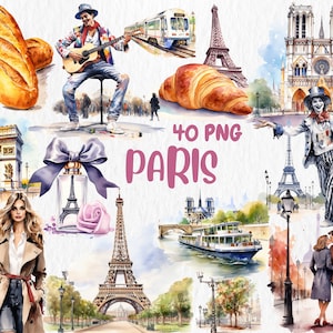 Aquarel Parijs Clipart | Eiffeltoren, croissant, rivier de Seine, romantisch Parijs-paarillustraties | Directe download voor commercieel gebruik