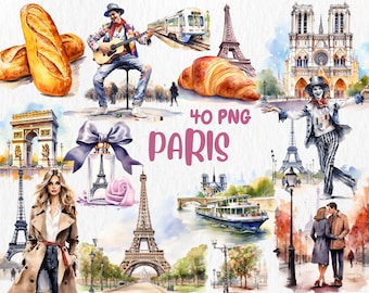Watercolor Paris Clipart: Eiffel Tower, Seine River (Instant Download)