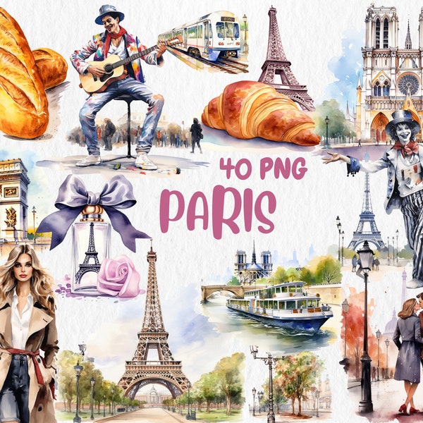 Acuarela París Clipart / Torre Eiffel, Croissant, Río Sena, Ilustraciones románticas de pareja de París / Descarga instantánea para uso comercial