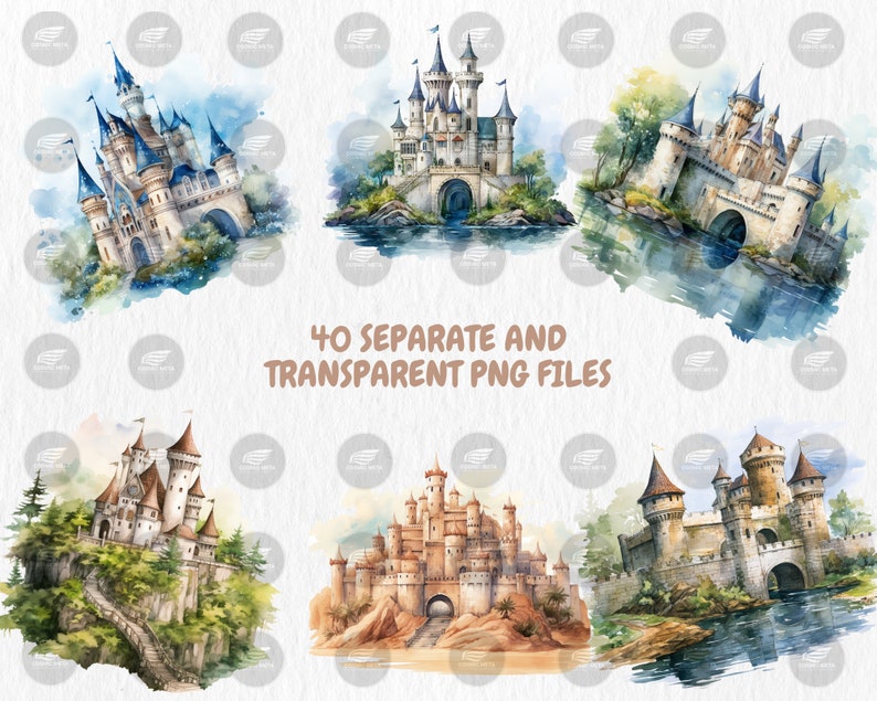 Watercolor Fantasy Castles Clipart | Fairy Tale Fortress, Stronghold, Towering Turrets Illustrations | Instant Download for Commercial Use